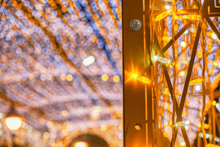 Christmas market New Year street lights with bokeh background