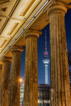 Berlin / Germany - February 13, 2017: Columns of the Museum for Prehistory and Early History in Berlin, with TV Tower (Berliner Fernsehturm) in the backgroundのeditorial素材