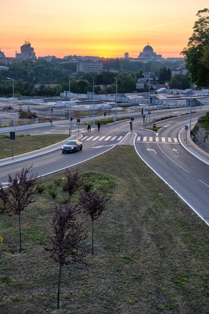 Belgrade / Serbia - July 27, 2019: Sunrise view cityscape of Belgrade, capital of Serbia, dominated...