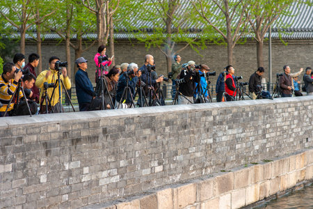 Beijing / China - April 7, 2016: People taking photographs of Northeast Corner Tower of Forbidden...