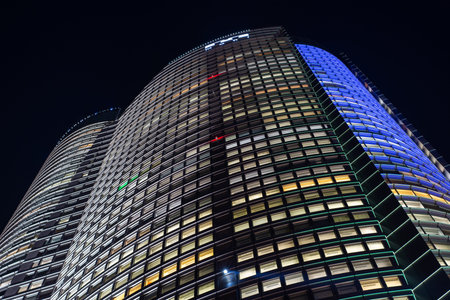 Tokyo / Japan - April 20, 2018: Night view of the Roppongi Hills Mori Tower building in Tokyo, Japan