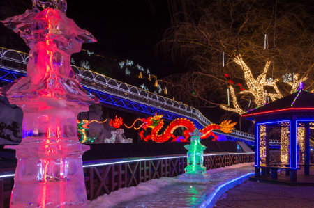 Beijing / China - February 12, 2015: Ice sculptures at Yanqing Longqing Gorge Ice and Snow Festival traditionally held every winter in Yanqing District in northwest Beijingのeditorial素材