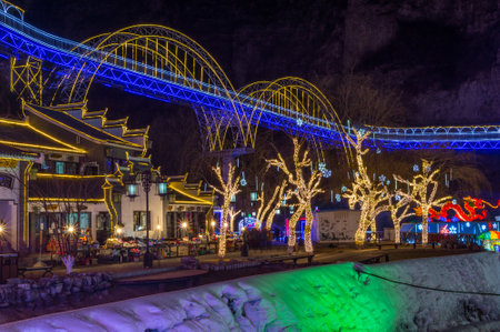 Beijing / China - February 12, 2015: Ice sculptures at Yanqing Longqing Gorge Ice and Snow Festival traditionally held every winter in Yanqing District in northwest Beijingのeditorial素材