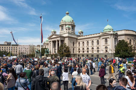 "Ecological uprising" demonstrations against the pollution of the environment in front of the National Assembly of Serbia in Belgrade, Serbia on April 10, 2021のeditorial素材