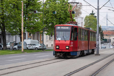 Old Tatra KT4 Czechoslovak-built red public tram in Belgrade, the capital of Serbia on April 17, 2021のeditorial素材