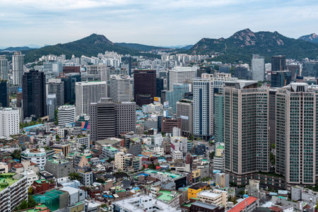Downtown Seoul South Korea cityscape aerial view, South Korea travel on October 9, 2021のeditorial素材