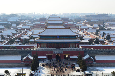 An aerial view of the Forbidden City in Beijing China in winterのeditorial素材