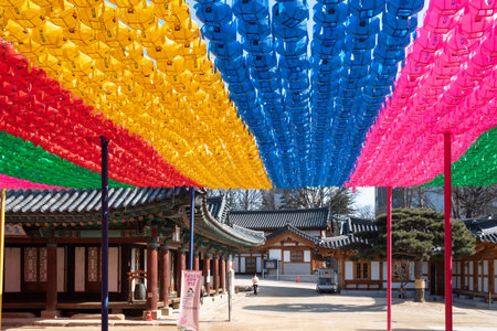 Colorful lanterns at Bongeunsa Buddhist Temple in Gangnam in Seoul South Korea on February 16, 2022のeditorial素材