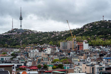 Itaewon district and Namsan Tower in Yongsan, Seoul, South Korea on April 13, 2022のeditorial素材