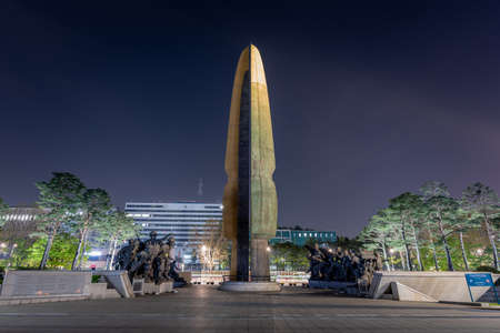 Night view of the War Memorial of Korea, a history military museum dedicated to the Korean War in Seoul, South Korea on April 23, 2022のeditorial素材