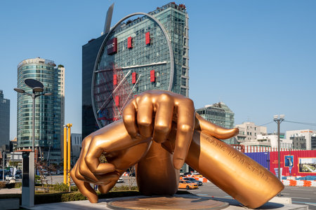 Bronze statue of Gangnam Style famous kpop song by Psy in front of the COEX mall in Seoul South Korea on 24 October 2021のeditorial素材