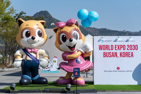 Busan World Expo 2030 candidature promotional booth stand in central Seoul on 2 April 2023