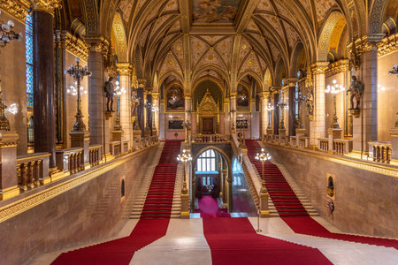 Interior of Hungarian Parliament Building Orszaghaz, seat of the National Assembly in Budapest Hungary on 7 May 2023のeditorial素材