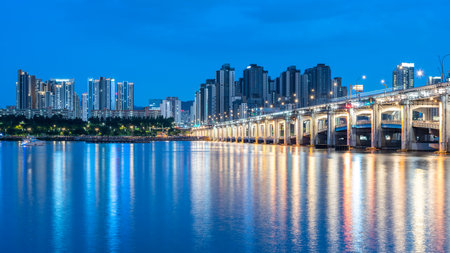 Han river Hangang and panoramic cityscape of Seoul South Korea at night on 16 May 2023のeditorial素材