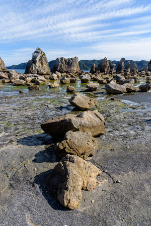 Hashigui Rocks amazing natural stone formations in Kushimoto Town in Kii Peninsula of Wakayama Prefecture in Japanの写真素材