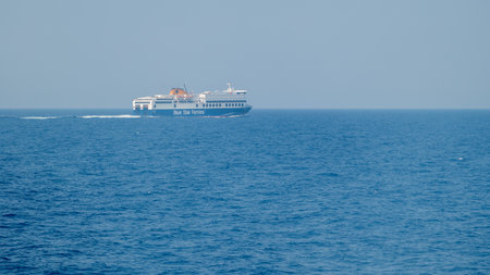 Blue Star Ferries Greek passanger transportation company providing ferry services between the Greek mainland and the Aegean Islands in Naxos, Greece on 18 August 2024のeditorial素材