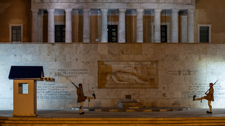 Evzones presidential guard soldiers at the Tomb of the Unknown Soldier at Syntagma square in Athens Greece on 16 August 2023のeditorial素材