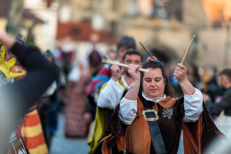Sunrise parade medieval historic reenactment to commemorate 667th anniversary of laying the foundation stone of iconic Charles Bridge in Prague, Czech Republic, on 9 July 2024のeditorial素材