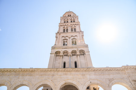 Bell tower of the Cathedral of Saint Domnius in the Historical Complex of the Palace of Diocletian, UNESCO world heritage site in Split, Republic of Croatiaの写真素材