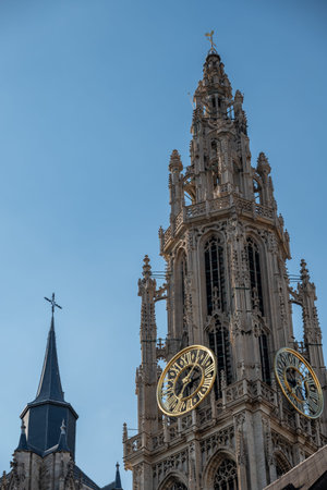 Belfry of Cathedral of Our Lady Roman Catholic church in Antwerp, Belgium, largest Gothic church in...