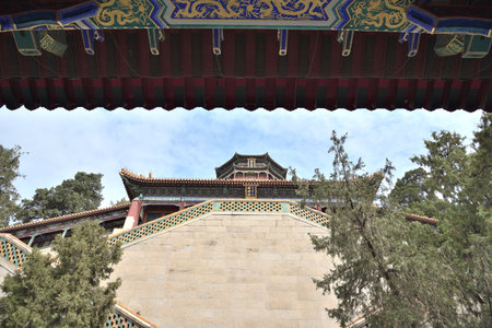 Tower of Buddhist Incense (Foxiangge) on the Longevity Hill of The Summer Palace, complex of gardens and palaces in Beijing, China on 20 April 2024の写真素材