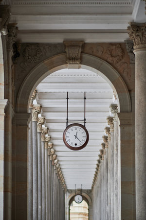 Stone Mill Colonnade in Karlovy Vary, Carlsbad, old historic spa town with thermal springs in west Bohemia region of the Czech Republic on 14 January 2024の写真素材