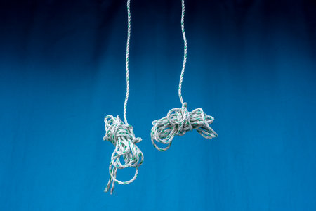 Two knotted ropes hanging against a blue backgroundの写真素材