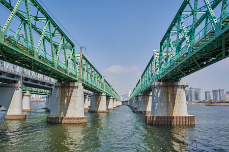 Hangang railway bridge over Han river in Seoul, South Korea on 23 March 2024の写真素材