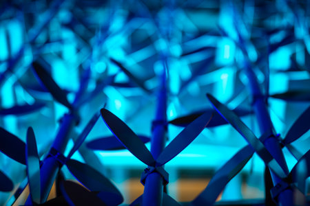 Abstract image of wind turbine blades with blue lighting.の写真素材
