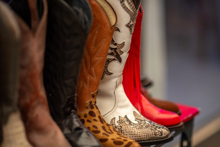 A row of colorful cowboy boots with various patterns and textures.の写真素材