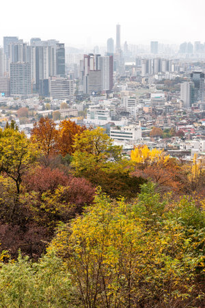 Smog pollution and yellow dust covering cityscape of Seoul, capital of South Korea on 4 November 2023の写真素材