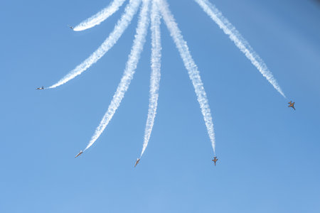 Republic of Korea Air Force Black Eagles aerobatic team performs over downtown Seoul ahead of military parade of Korean Army in Seoul, South Korea on 22 September 2023の写真素材