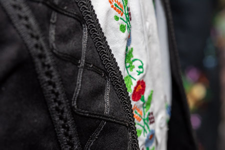 Details and decorations on traditional Serbian folk costume clothingの写真素材