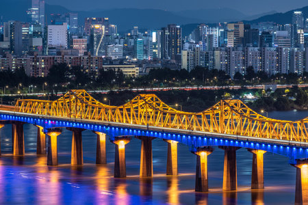 Panoramic cityscape night view of Han river and downtown Seoul, capital of South Korea on 20 August 2022の写真素材