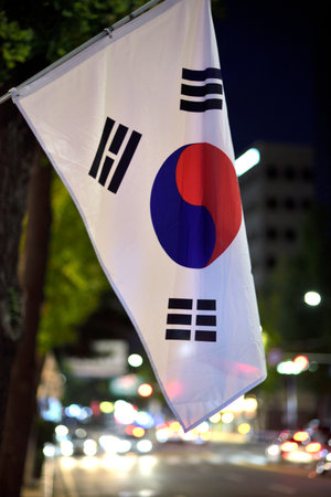 South Korean flag waving at night on a city street.の写真素材