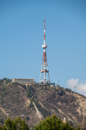 Tbilisi TV broadcasting communications tower located in Mtatsminda Park above Tbilisi, capital of Georgiaの写真素材