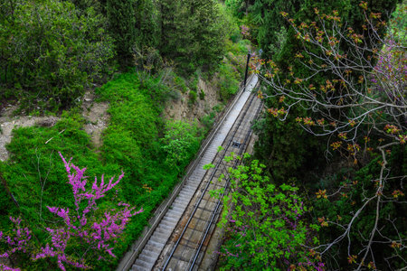Tracks of funicular railway linking downtown Tbilisi with Mtatsminda Park, popular sightseeing area in Tbilisi, capital of Georgiaの写真素材