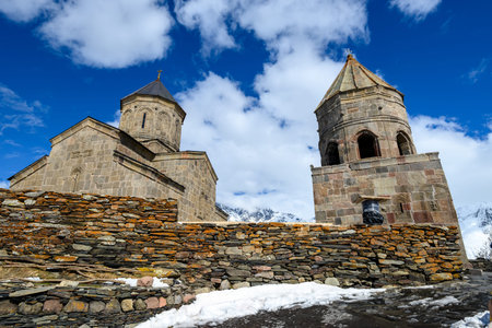 Gergeti Trinity Church near the village of Stepantsminda, popular tourist destination in the...