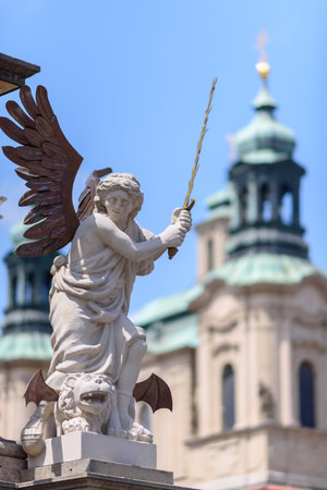 Architecture details on the Marian column, religious statue of the Virgin Mary in Old Town Square of Prague, Czech Republic on 3 July 2025の写真素材