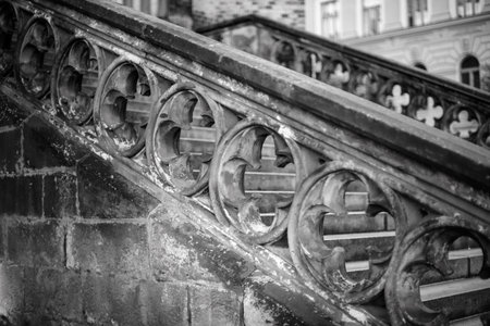 Details in the stairs of the Neo-Gothic Church of St. Prokop on Sladkovskeho square in Zizkov district of Prague, Czech Republic on 3 February 2025の写真素材