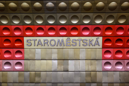 Staromestska metro station, decorated with modern coloured aluminium panels, in Prague, Czech Republicの写真素材