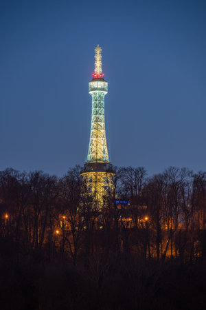 Petrin lookout steel framework tower built in 1891, resembling small Eiffel Tower, on Petrin hill in...