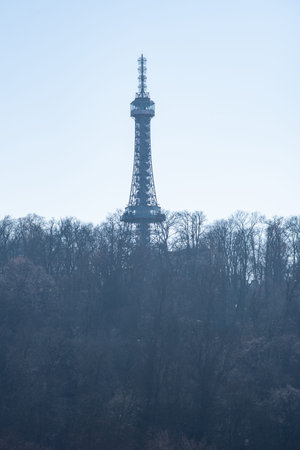 Petrin lookout steel framework tower built in 1891, resembling small Eiffel Tower, on Petrin hill in...