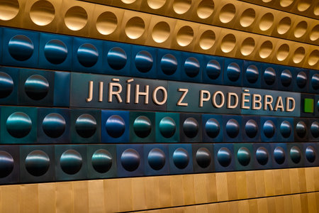 Jiriho z Podebrad metro station decorated with modern coloured aluminium panels, in Prague, capital of Czech Republic on 7 February 2025の写真素材