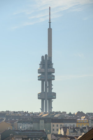 Zizkov television and observation tower in Zizkov District in Prague, capital of Czech Republic on 3 February 2025の写真素材