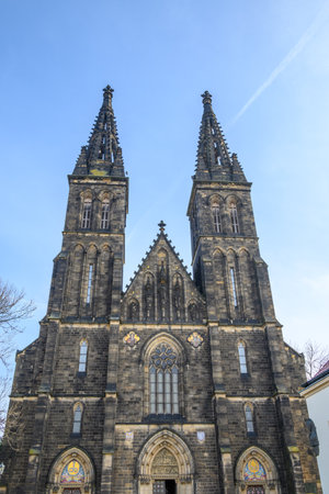 Basilica of St. Peter and St. Paul, neo-Gothic church in Vysehrad fortress in Prague, capital of Czech Republicの写真素材