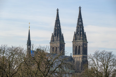 Basilica of St. Peter and St. Paul, neo-Gothic church in Vysehrad fortress in Prague, capital of Czech Republicの写真素材