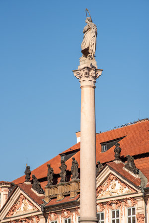 Marian column, religious statue of the Virgin Mary in Old Town Square of Prague, Czech Republic, reconstructed in 2020, on 5 March 2025の写真素材