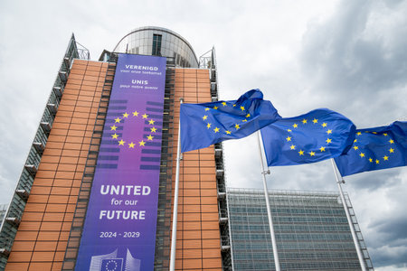 Berlaymont building, headquarters of the European Commission, executive branch of the European Union, on the Robert Schuman Roundabout in the European Quarter of Brussels, Belgium on 16 July 2025の写真素材
