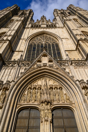 Facade details on the Roman Catholic Cathedral of St. Michael and St. Gudula in central Brussels, Belgium on 16 July 2025の写真素材